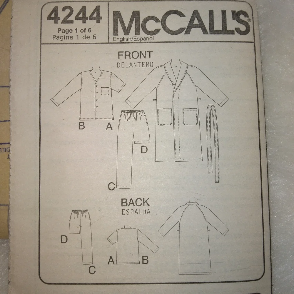 McCall's 4244 Men's robe belt top pants shorts Size XL-XXL